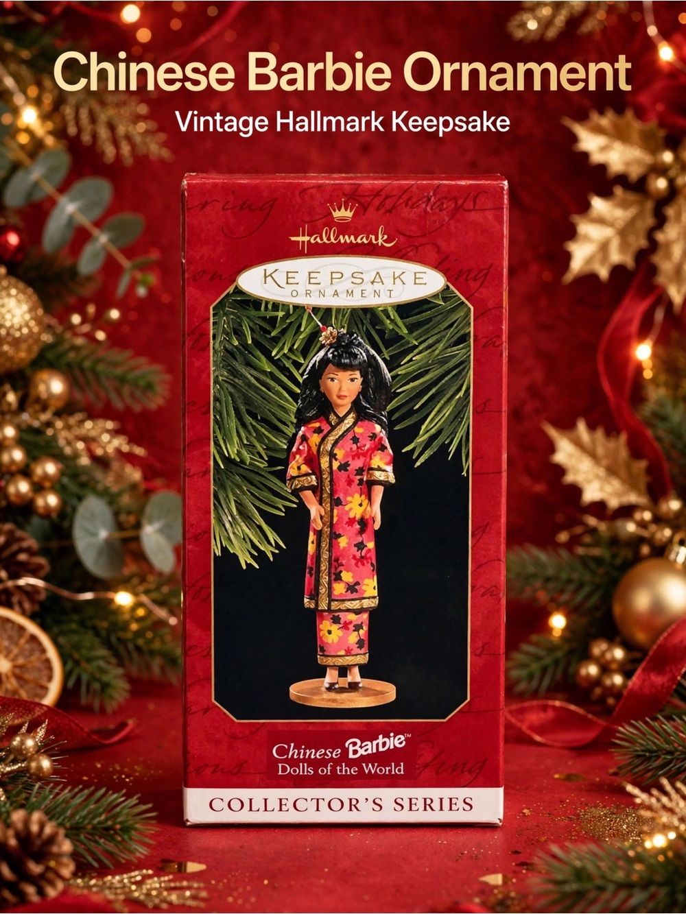 Vintage Hallmark Chinese Barbie Ornament - Pink and Gold Floral Dress